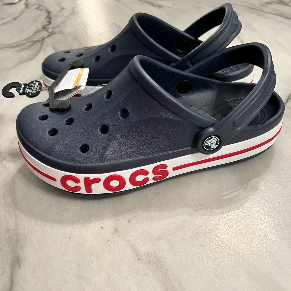 NWT Crocs - Navy Blue with Red/White Detail